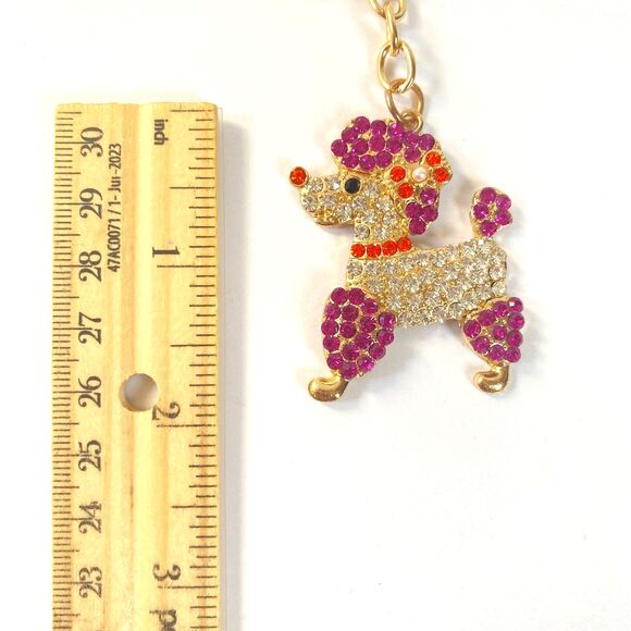 Poodle Rhinestone Charm Keychain Key Holder Purple Multi Gold Tone Metal New - Picture 9 of 10